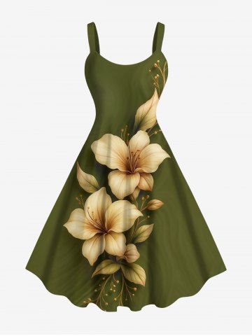 Robe hawaïenne grande taille à imprimé fleurs et feuilles - GREEN - 2X