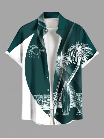 Plus Size Coconut Tree Sea Sun Curve Print Hawaii Button Pocket Shirt For Men - GREEN - 3XL