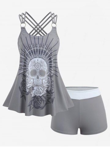 Plus Size Modest Skull Rose Print Rings Crisscross Boyshorts Tankini Swimsuit - GRAY - M | US 10