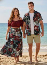 Flowers Tropical Leaf Print Plus Size Matching Hawaii Beach Outfit For Couples -  