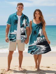 Coconut Tree Seascape Waves Cloud Print Plus Size Matching Hawaii Beach Outfit For Couples -  