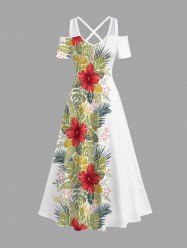 Robe longue hawaïenne à imprimé feuilles tropicales et fleurs d'hibiscus, épaules dénudées et bretelles croisées, grande taille - Blanc M