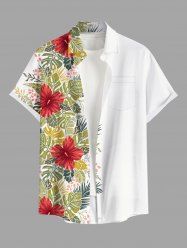 Plus Size Hibiscus Flowers Tropical Leaf Print Buttons Pocket Hawaii Shirt For Men -  