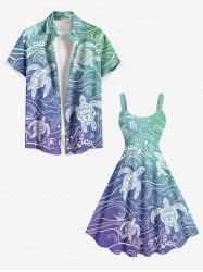 Ombre Sea Waves Turtle Print Plus Size Matching Hawaii Beach Outfit For Couples -  