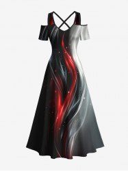 Plus Size Galaxy Curve Colorblock Glitter 3D Print Cold Shoulder Crisscross Maxi Dress -  