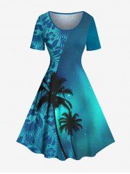 Robe hawaïenne vintage à imprimé ombré galaxie, cocotiers et hibiscus pour grandes tailles - Turquoise Foncée S