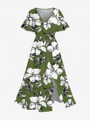 Robe midi hawaïenne à imprimé de fleurs d'hibiscus grande taille - Vert profond XS