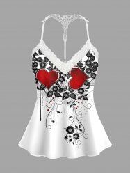 Plus Size Valentine's Day Flowers Leaf Heart Print Lace Trim Strappy Slip Pajama Top -  