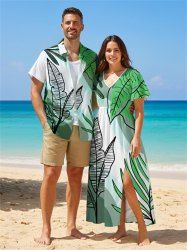Tropical Leaf Ombre Colorblock Print Plus Size Matching Hawaii Beach Outfit For Couples -  