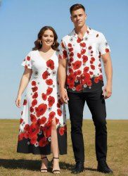Valentine's Day Daisy Flowers Colorblock Print Plus Size Matching Outfit For Couples -  
