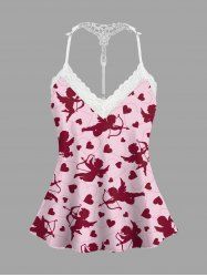 Plus Size Heart Cupid Print Valentines Lace Trim Crochet Pajama Top - Rose clair 6XL