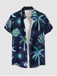 Chemise à boutons grande taille pour homme, imprimé hawaïen, feuilles tropicales, cocotiers, soleil, lune et yeux, motif feuille tropicale, cocotiers, soleil et lune. - Bleu Marine 5XL