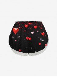 Short de pyjama grande taille à imprimé cœur et bordure en dentelle pour la Saint-Valentin - Noir 6XL