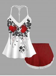 Valentine's Day Flowers Leaf Heart Print Plus Size Matching Pajama Set -  