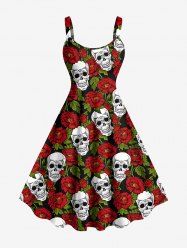 Plus Size Valentine's Day Skull Rose Flower Print Tank Dress -  