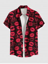 Chemise à poches boutonnées grande taille pour homme, imprimé cœur et lèvres, idéale pour la Saint-Valentin. - Noir 6XL