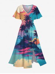 Robe midi fendue hawaïenne grande taille à imprimé cocotier, nuage, mer, montagne et lune - Vert L