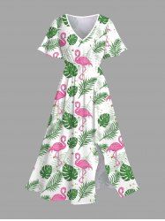 Robe midi hawaïenne fendue à imprimé flamants roses et feuilles tropicales grandes tailles - Blanc 2X
