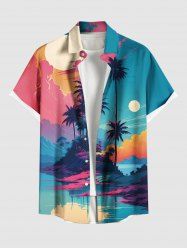 Plus Size Coconut Tree Cloud Sea Mountain Moon Print Buttons Pocket Hawaii Shirt For Men -  