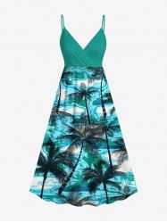 Plus Size Coconut Tree Sea Waves Print Surplice Hawaii Cami Dress -  