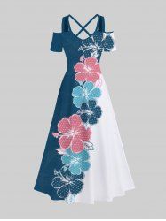 Plus Size Flower Contrast Colorblock Print Hawaii Crisscross A Line Maxi Dress -  