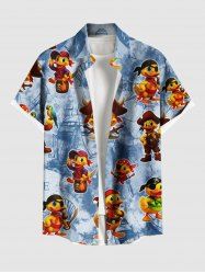 Chemise grande taille homme à imprimé canard, pirate, voilier, coquillage et perroquet, motif croisière à Hawaï, boutons et poche. - Bleu Poudre S