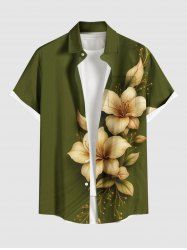 Plus Size Flower Leaf Print Hawaii Button Pocket Shirt For Men -  