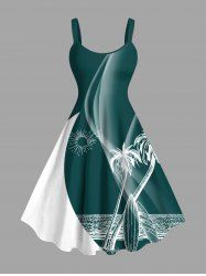 Robe hawaïenne grande taille imprimée cocotiers, soleil et mer, coupe trapèze - Émeraude 2X