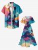Robe midi fendue hawaïenne grande taille à imprimé cocotier, nuage, mer, montagne et lune - Vert L