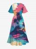 Robe midi fendue hawaïenne grande taille à imprimé cocotier, nuage, mer, montagne et lune - Vert L