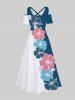 Plus Size Flower Contrast Colorblock Print Hawaii Crisscross A Line Maxi Dress -  