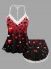 Haut de pyjama grande taille à imprimé ombré cœur tie-dye et bordure en dentelle crochetée pour la Saint-Valentin - Noir 3XL