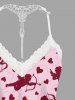 Plus Size Heart Cupid Print Valentines Lace Trim Crochet Pajama Top - Rose clair 6XL