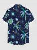 Chemise à boutons grande taille pour homme, imprimé hawaïen, feuilles tropicales, cocotiers, soleil, lune et yeux, motif feuille tropicale, cocotiers, soleil et lune. - Bleu Marine 5XL