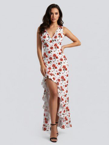 Flower Print Hawaii Ruffles Split Surplice Dress - RED - M