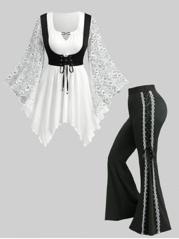 Flower Lace Flare Sleeve Corset 2 in 1 Top and Lace-up Two Tone Flare Pants Plus Size Outfit - WHITE