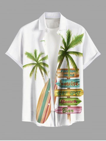 Plus Size Coconut Tree Signboard Print Hawaii Button Pocket Shirt For Men - WHITE - 6XL