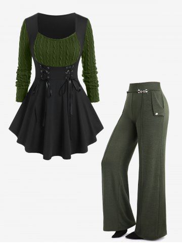 Mixed Media Cable Knit Panel Lace-up Tee and Wide Leg Pants Plus Size Outfit - DEEP GREEN