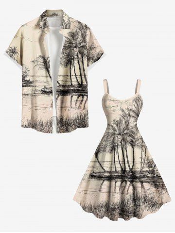 Coconut Tree Seascape Print Plus Size Matching Hawaii Beach Outfit For Couples