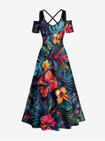 Robe longue hawaïenne à imprimé floral d'hibiscus et feuilles tropicales, épaules dénudées et croisée, grande taille - BLACK - 4X
