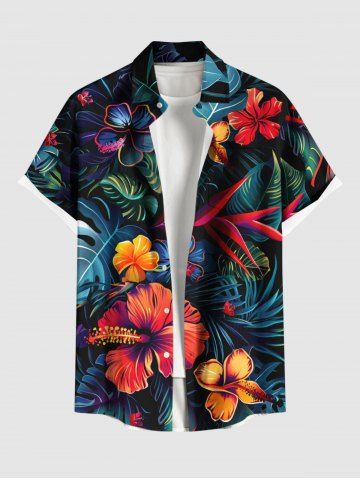 Chemise hawaïenne grande taille pour homme, à imprimé floral tropical et feuilles d'hibiscus, boutons et poche. - BLACK - XL
