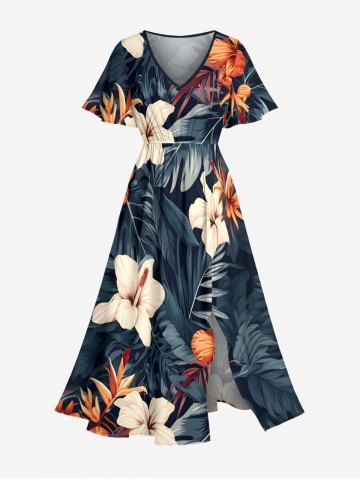Robe midi hawaïenne fendue à imprimé feuilles tropicales et fleurs d'hibiscus (grande taille) - BLACK - 5X