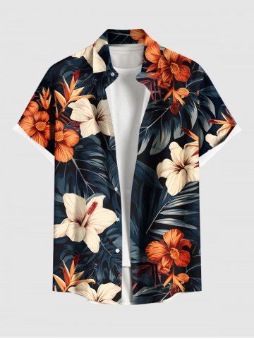 Chemise hawaïenne grande taille pour homme, à imprimé floral tropical et feuilles d'hibiscus, boutons et poche. - BLACK - 3XL