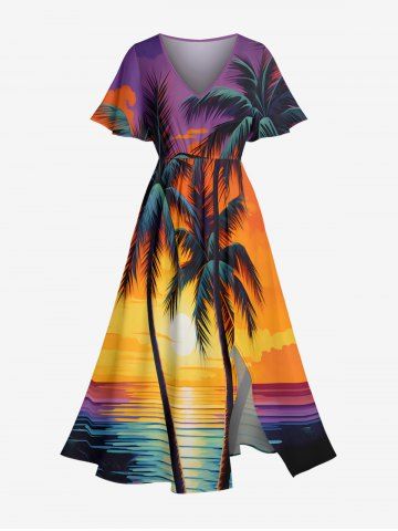 Robe midi fendue hawaïenne à imprimé cocotier et coucher de soleil sur mer avec nuages, grande taille - MULTI-A - 5X