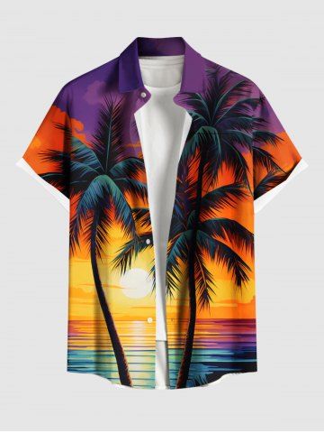 Chemise hawaïenne grande taille pour homme, imprimé coucher de soleil sur mer avec cocotiers et nuages, boutons et poche. - MULTI-A - 4XL