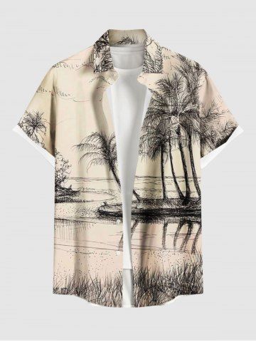 Chemise hawaïenne grande taille pour homme, imprimée de cocotiers et de paysages marins, avec boutons et poche. - APRICOT - 5XL