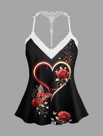 Plus Size Valentine's Day Rose Flowers Butterfly Heart Print Lace Trim Strappy Slip Pajama Top - BLACK - S
