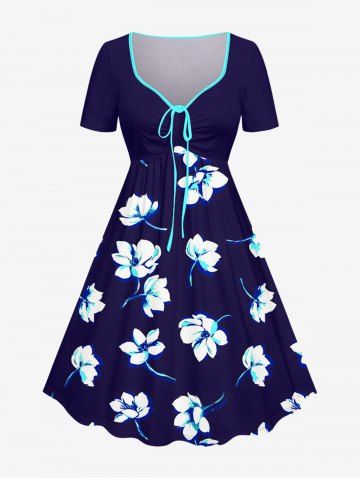 Robe hawaïenne grande taille à imprimé floral et ceinture cintrée - NAVY BLUE - 2X