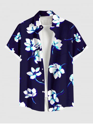 Chemise hawaïenne grande taille à imprimé floral, boutons et poches pour homme - NAVY BLUE - XL