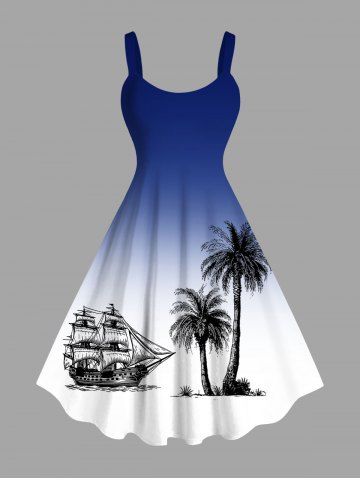 Robe débardeur hawaïenne à imprimé ombré de cocotiers et de voiliers, grande taille - NAVY BLUE - 4X